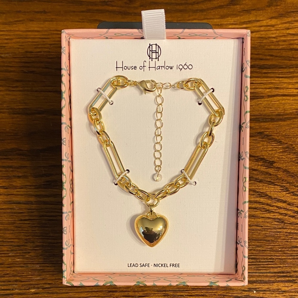 House of Harlow 1960 Gold Chunky Chain Link Heart Charm Bracelet NWT Gift Box